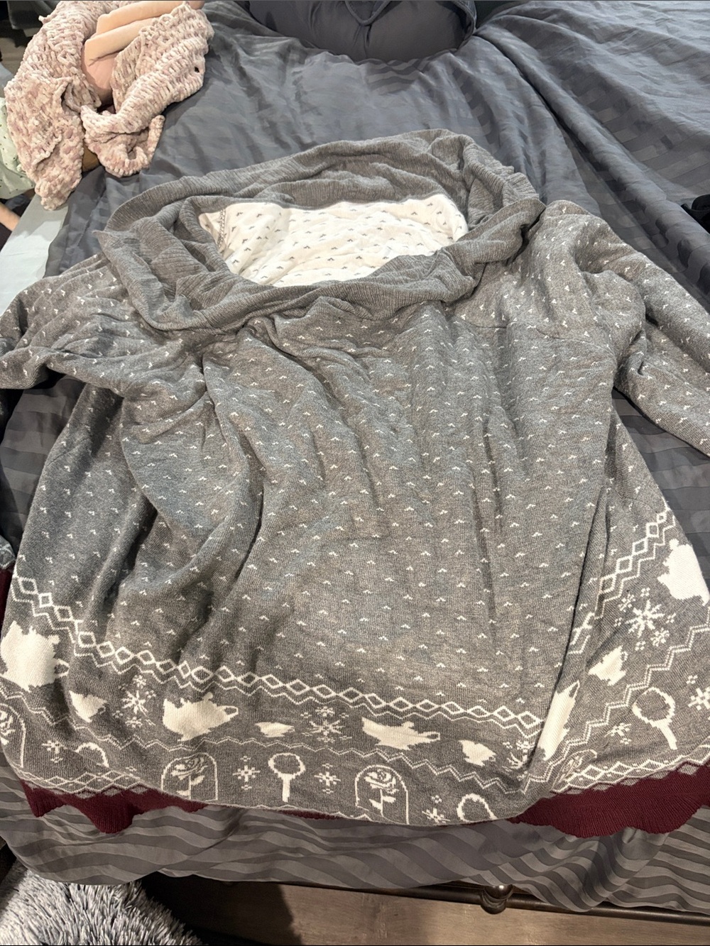 torrid Gray and White Cozy Cowl-Neck Sweater with Winter Motif